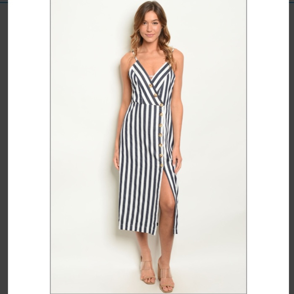 Stipe button down summer midi dress in white and blue
